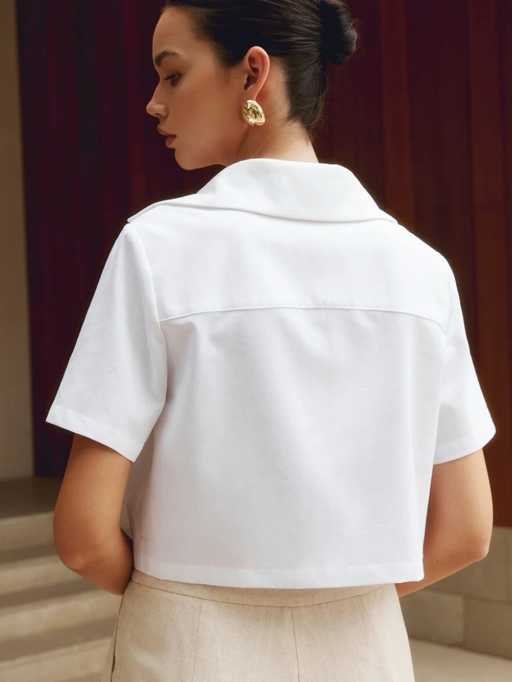 Commense Cropped White Cotton & Linen Button Front Shirt - Picture 2 of 9